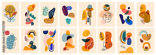 Decorative abstract collection with abstract shapes colourful doodles. Hand-drawn modern posters