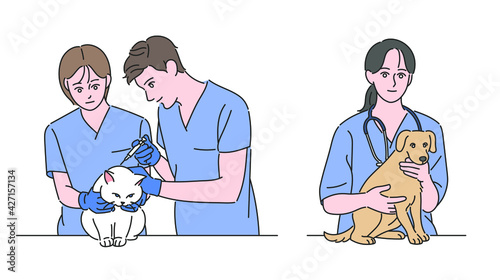 Doctors at veterinary hospitals are treating dogs and cats. hand drawn style vector design illustrations. 