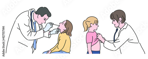 A doctor treating children. hand drawn style vector design illustrations. 