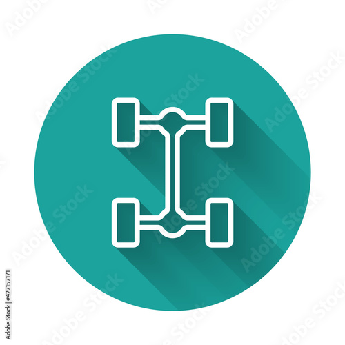 White line Chassis car icon isolated with long shadow background. Green circle button. Vector