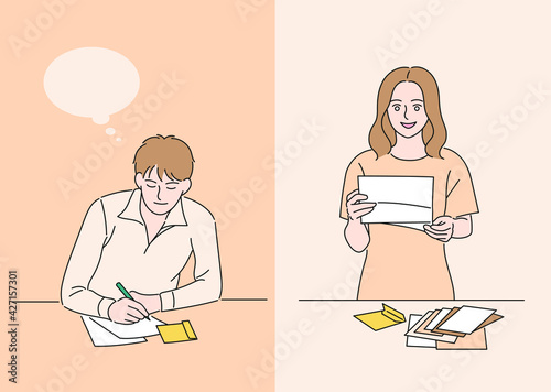 A couple writing a letter. hand drawn style vector design illustrations. 
