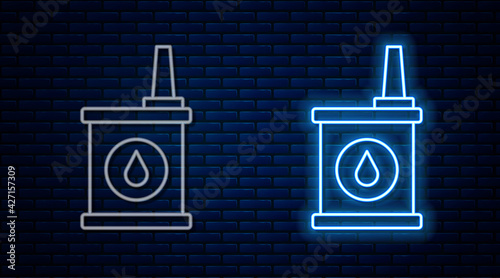 Glowing neon line Canister for motor machine oil icon isolated on brick wall background. Oil gallon. Oil change service and repair. Vector