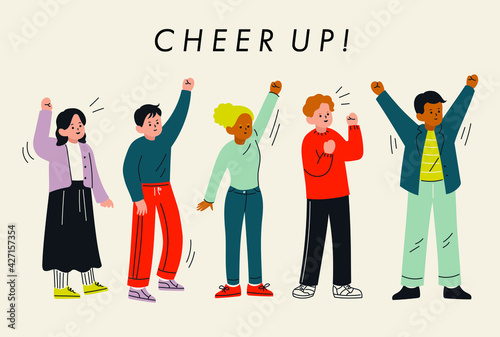 People are cheering with their arms raised. hand drawn style vector design illustrations. 