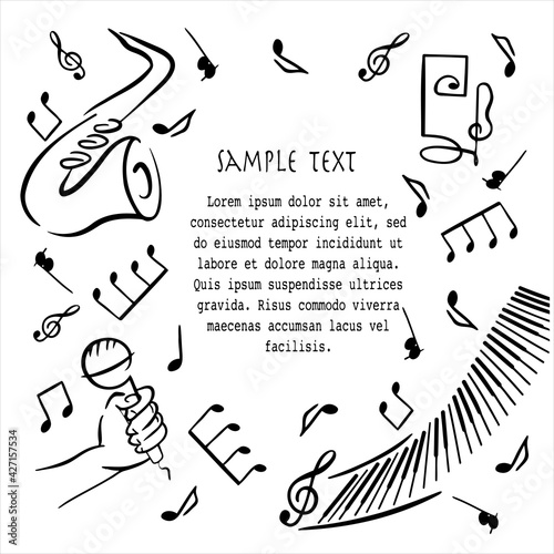 Music doodle  poster vector template. Jazz music hand drawn frame, border with copy space.