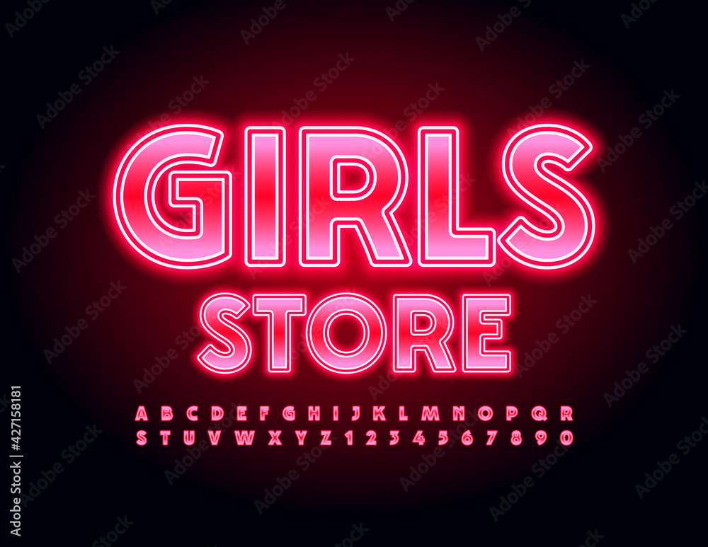 Vector modern logo Girls Store. Glowing Elegant Font. Bright light Alphabet Letters and Numbers set