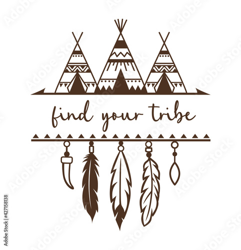 Teepee vector illustration with quote. Tribal design frame with place for text. Native american symbol. Boho style drawing print. Indian sign silhouette. Vintage ornament wigwam.