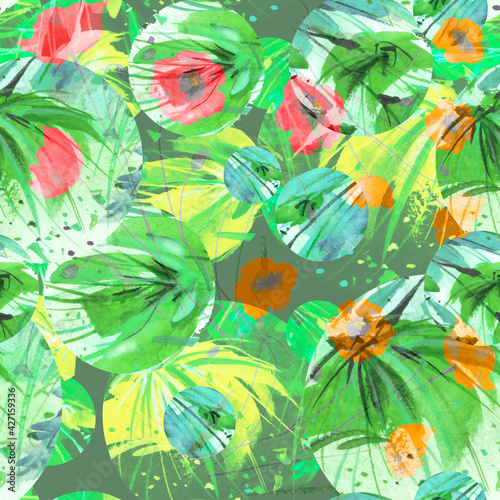 Creative seamless watercolor pattern of plants  Herbs  flowers  poppy  lily  tulip. multicolored flowers watercolor  stylish pattern. Abstract paint splash. Watercolor background. Abstract floral 