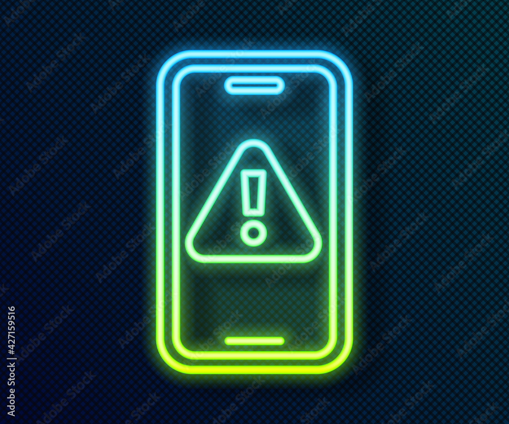 Glowing neon line Mobile phone with exclamation mark icon isolated on black background. Alert message smartphone notification. Vector Glowing neon line Mobile phone with exclamation mark icon isolated on black background. Alert message smartphone notification. Vector