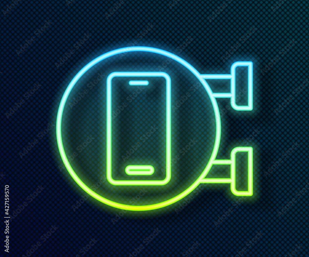 Glowing neon line Phone repair service icon isolated on black background. Adjusting, service, setting, maintenance, repair, fixing. Vector Glowing neon line Phone repair service icon isolated on black background. Adjusting, service, setting, maintenance, repair, fixing. Vector