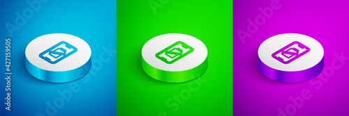 Isometric line Smartphone battery charge icon isolated on blue, green and purple background. Phone with a low battery charge. White circle button. Vector