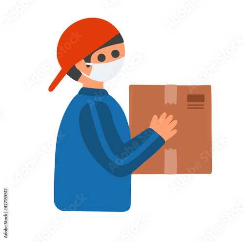 Young man from safe delivery service hanging box.
