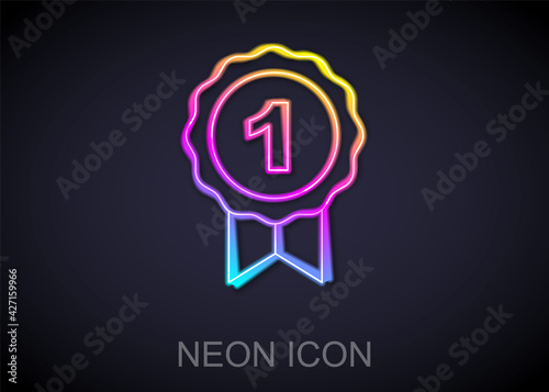 Glowing neon line Dog award symbol icon isolated on black background. Medal with dog footprint as pets exhibition winner concept. Vector