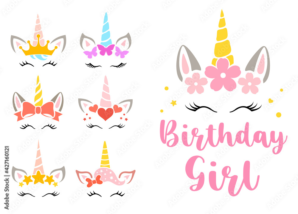 Birthday girl phrase with cute unicorn faces. Kids birthday party design. A set with cute magic characters to decorate a children's birthday, create cards, posters, invitations and print on T-shirts.
