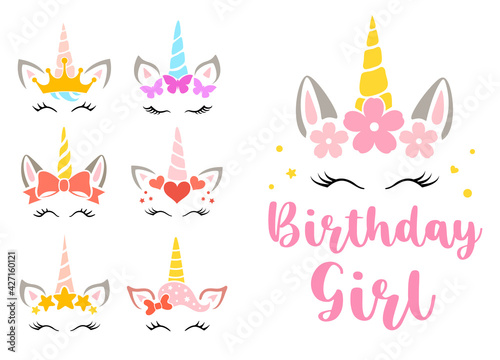 Birthday girl phrase with cute unicorn faces. Kids birthday party design. A set with cute magic characters to decorate a children's birthday, create cards, posters, invitations and print on T-shirts.