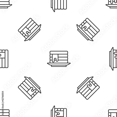 Grey line Stack of pancakes with honey icon isolated seamless pattern on white background. Breakfast concept. Vector