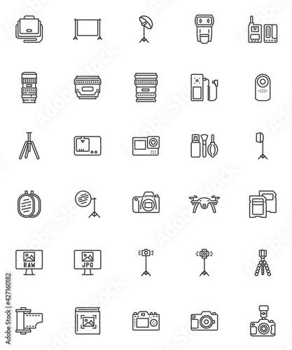 Photography equipment line icons set