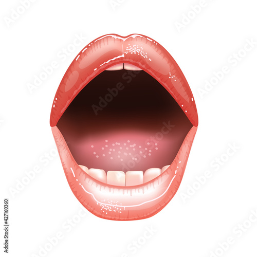 Shining beautiful female nude lips colored in pink lipstic color isolated vector illustration. Amazed open mouth with teeth