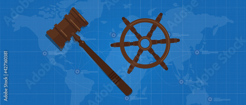law of sea international agreement regulation symbol of boat steering wheel and gavel hammer