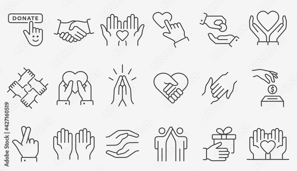 Charity line icon set. Collection of donate, volunteer, help, solidarity and more. Editable stroke.