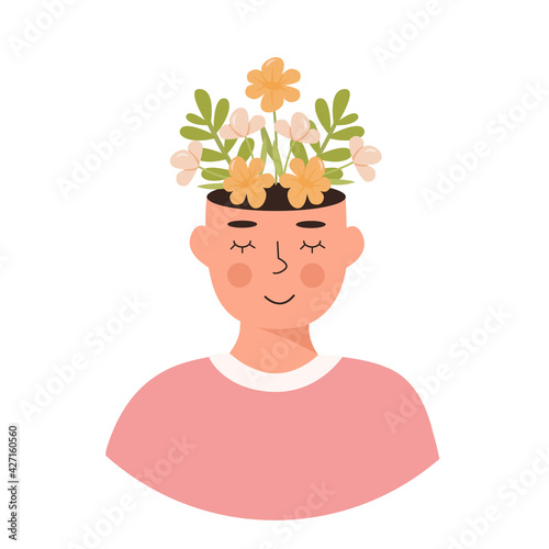 A person with spring flowers in head. Concept of positive thinking, self care, spiritual healthy slow life. Falling in love. Meditation, mindfulness. Hippie. Mental health concept. Vector illustration