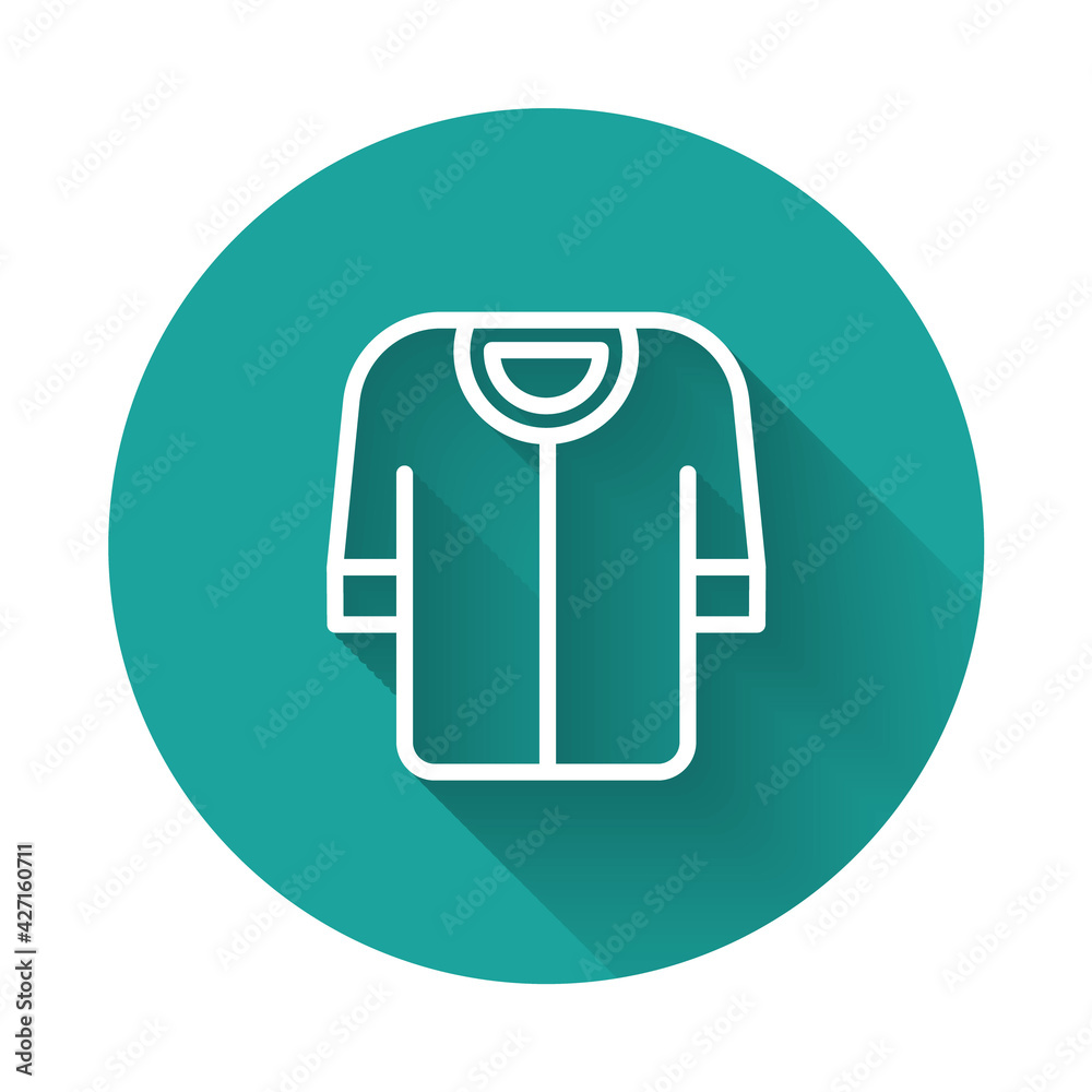 White line Baseball t-shirt icon isolated with long shadow background. Baseball jersey, sport uniform, raglan t-shirt sport. Green circle button. Vector White line Baseball t-shirt icon isolated with long shadow background. Baseball jersey, sport uniform, raglan t-shirt sport. Green circle button. Vector