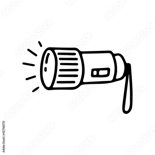 Electric flashlight or torch icon in doodle style isolated on white background. Vector outline illustration. Design for prints, poster, trip, card