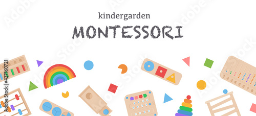Vector Background with children wooden ecological educational logic toys, busy boards for preschool kids. Montessori school kindergarten system for early childhood development. Alternative education.