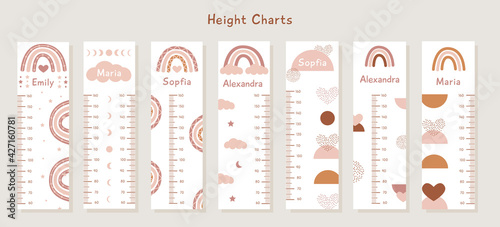 Big Vector Set of kids height charts with abstract boho shapes and rainbows in terracotta colors. Meter wall with trendy design. Children growth chart. Bohemian earthy celestial elements for nursery.