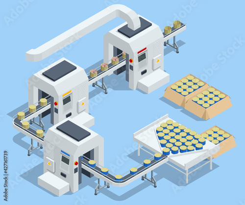 Isometric Fishing production concept. Tin cans with fish on the conveyor. Production of canned fish.