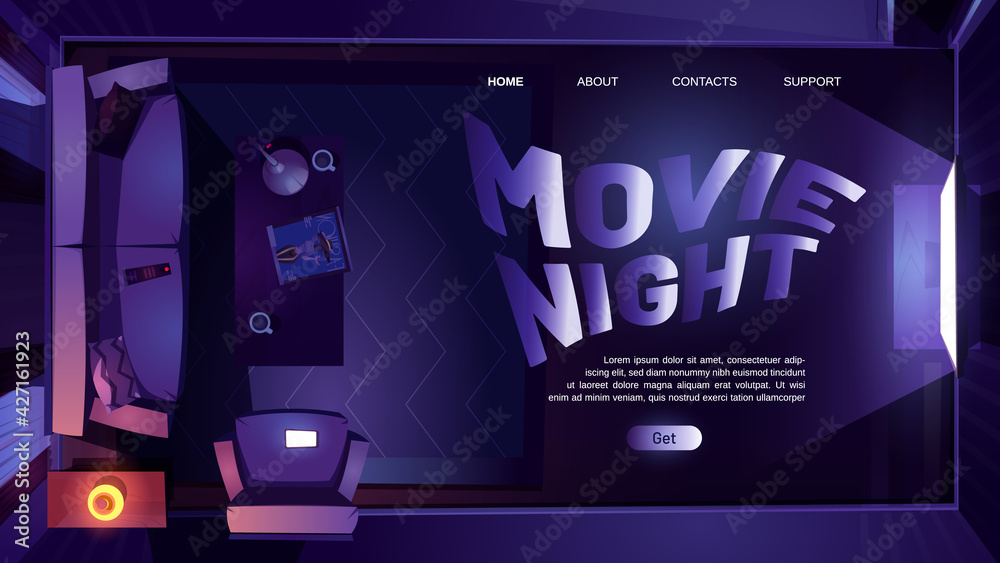 Movie night cartoon landing page, dark living room interior with tv and sofa top view at nighttime. Apartment with working television on wall, home entertainment, cinema amusement vector web banner