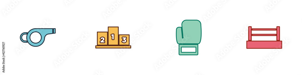 Set Whistle, Award over sports winner podium, Boxing glove and ring icon. Vector