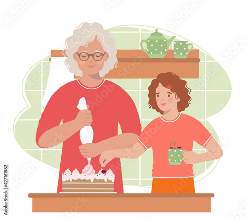 Grandmother and granddaughter decorate a birthday cake. Illustration of an elderly woman and little girl cooking in the kitchen.