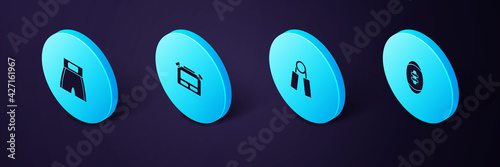 Set Isometric American Football ball, Sport expander, Stopwatch and Boxing short icon. Vector