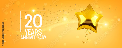 20 years anniversary vector logo, icon. Graphic symbol with golden air balloon