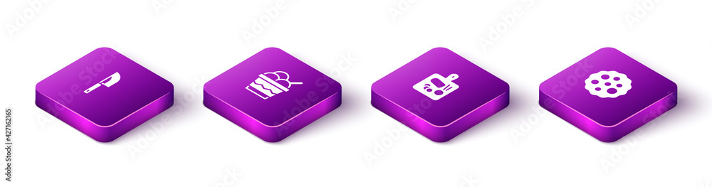 Set Isometric Knife, Ice cream in bowl, Cutting board and Cookie or biscuit icon. Vector