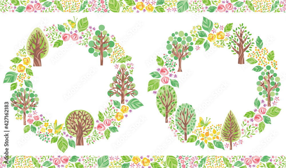 木 葉 花などの植物 緑の丸フレーム セット Stock Vector Adobe Stock