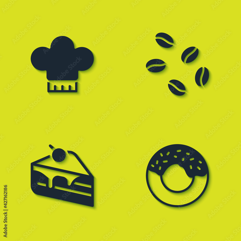 Naklejka premium Set Chef hat, Donut, Piece of cake and Coffee beans icon. Vector