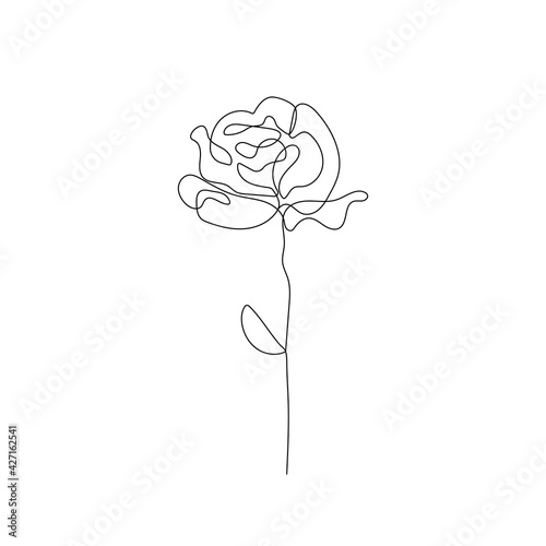 Rose Flower One Line Drawing. Continuous Line of Simple Flower Illustration. Rose Abstract Contemporary Botanical Drawing for Minimalist Covers, t-Shirt Print, Postcard, Banner etc. Vector EPS 10.
