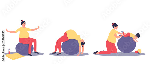 A set of activities on a large ball for a pregnant woman and a baby. Relaxation of the pregnant woman. Mom and baby are doing exercises on the ball. Flat vector illustration.