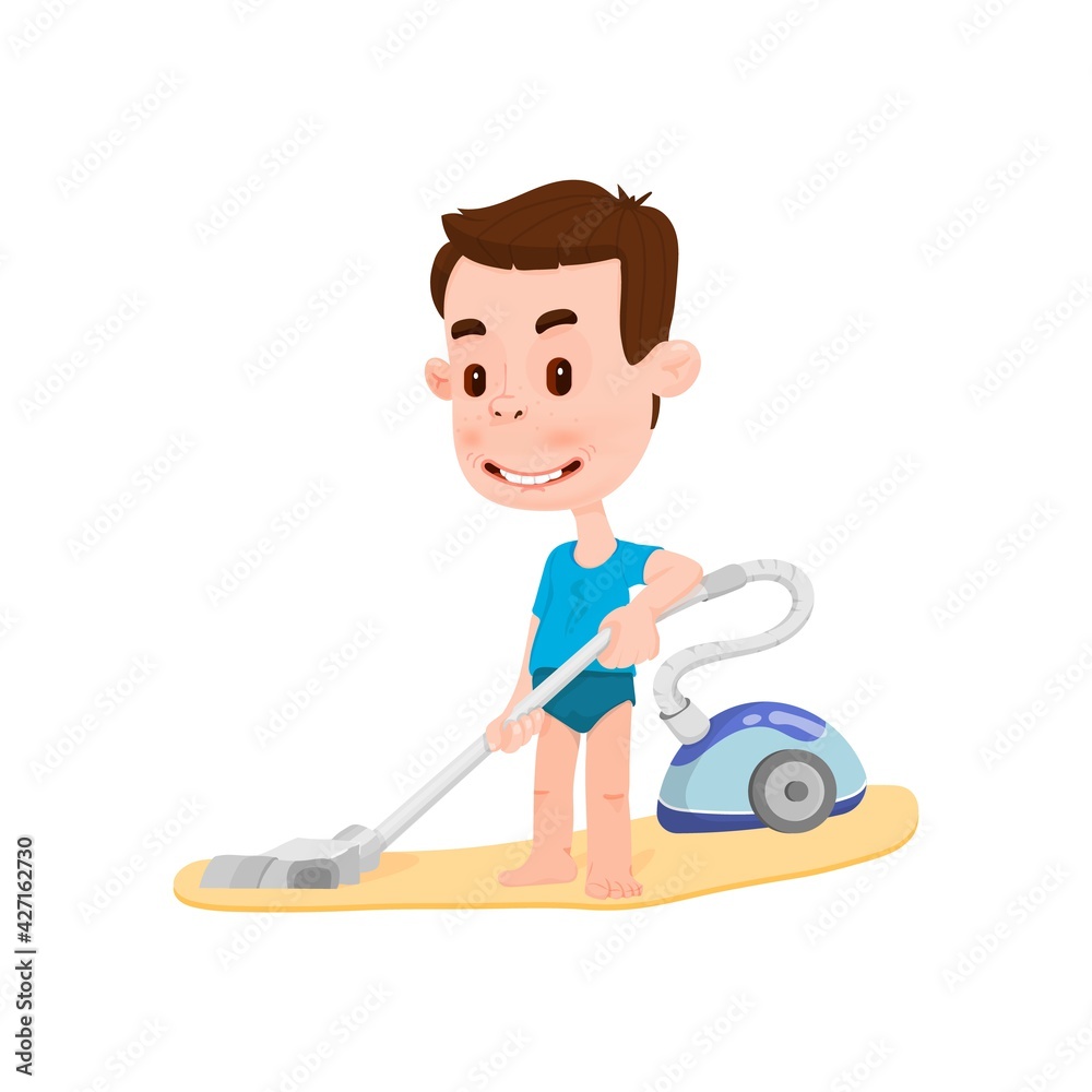Boy cleaning house with vacuum cleaner - flat style cartoon character Boy cleaning house with vacuum cleaner - flat style cartoon character