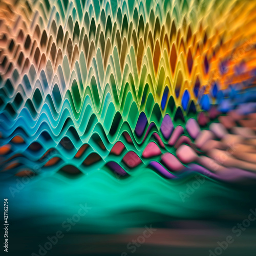 abstract illustration in the form of a grid of neon colors on a dark background, 3d render, blurry image