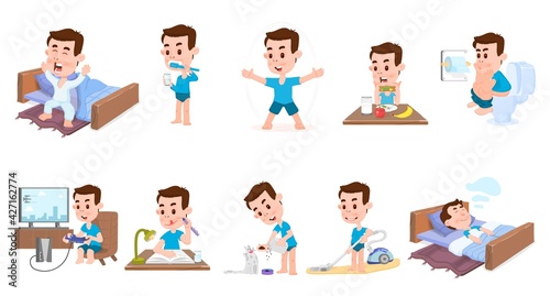 Boy's daily routine. Sleep, wake up, brush your teeth, have breakfast, play, do homework, feed your pet, exercise, toilet, clean up