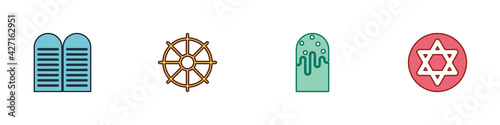 Set The commandments, Dharma wheel, Easter cake and Star of David icon. Vector