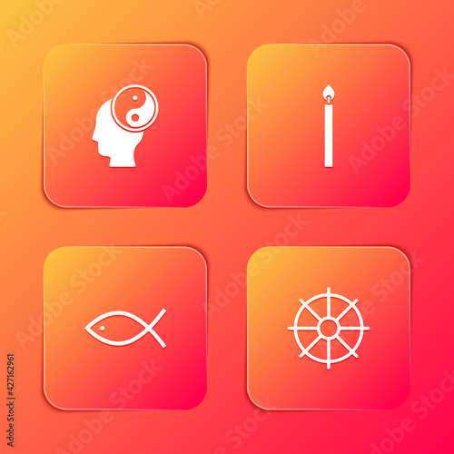 Set Yin Yang, Burning candle, Christian fish and Dharma wheel icon. Vector