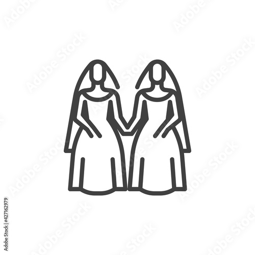 Lesbian couple wedding line icon