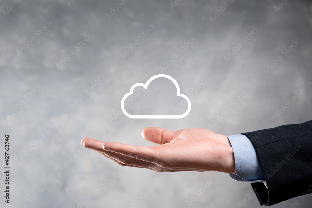 Business woman holding icon cloud computing network and icon connection data information in hand. Cloud computing and technology concept. Business woman holding icon cloud computing network and icon connection data information in hand. Cloud computing and technology concept.