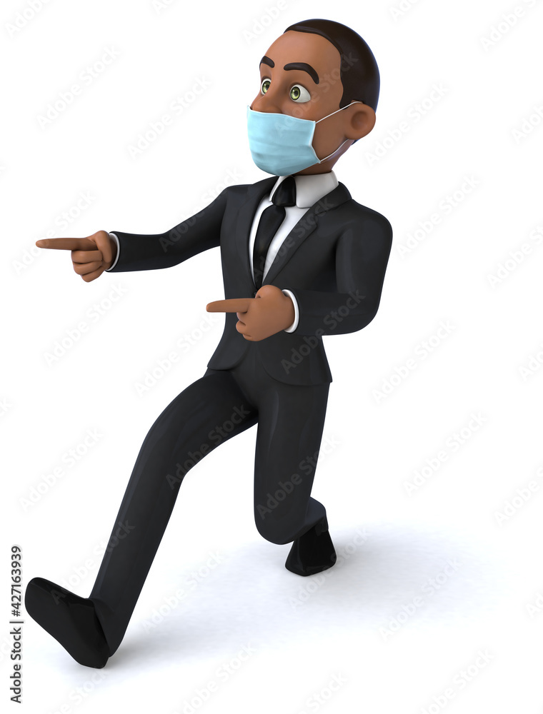 Fun 3D illustration of a black business man with a mask Fun 3D illustration of a black business man with a mask
