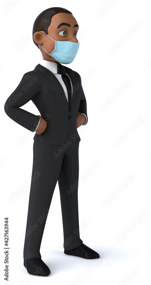 Fun 3D illustration of a black business man with a mask Fun 3D illustration of a black business man with a mask