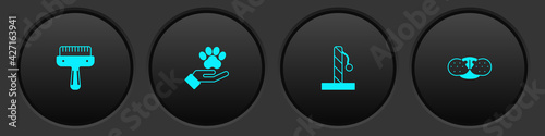 Set Hair brush for dog and cat, Hands with animals footprint, Cat scratching post and nose icon. Vector