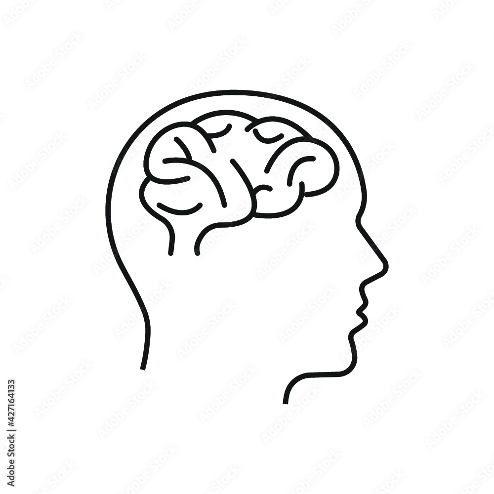 Human head with brain icon, brain symbol in line style isolated on white background Human head with brain icon, brain symbol in line style isolated on white background